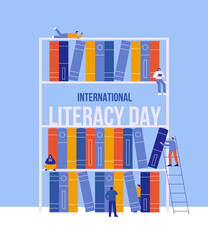 Obraz premium Literacy Day library book shelf people reading card
