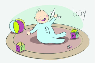 Cute hand-drawn baby boy playing with toys. Vector illustration.