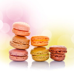 Pile of french macarons, bokeh background