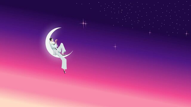 Pierrot sits on the moon and lights the stars in the sky with his breath