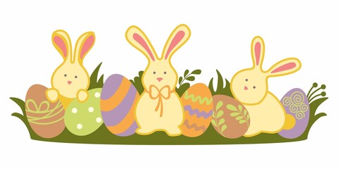 HAPPY EASTER, BUNNY AND CHOCOLATE EGGS, RABBIT, VECTOR ILLUSTRATION , SELEBRATION