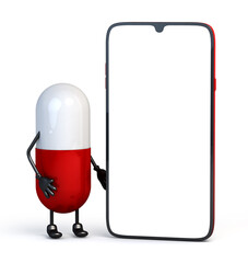 Capsule medicine character with blank mobile isolated on white background. 3d illustration.