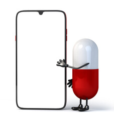 Capsule medicine character with blank mobile isolated on white background. 3d illustration.