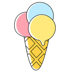 Vector ice cream in a waffle cup.
In a flat style with a black linear outline. Design element for menu, congratulations, print on fabric, web design.
