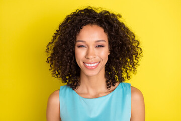 Photo of young happy positive dark skin woman beaming smile good mood cheerful isolated on yellow color background - obrazy, fototapety, plakaty