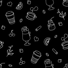Coffee drinks vector seamless pattern. Black background. White doodles. Vector illustration.