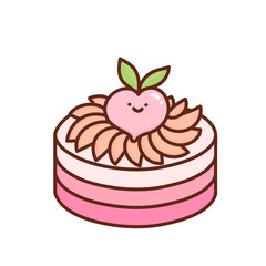 Delicious cake decorated with peaches isolated on white background. Tasty dessert, confection or sweet pastry. Kawaii cartoon vector illustration.