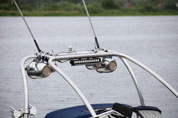 Modern boat chrome shiny sound bar, Audio box acoustic systems, headlinht and antanna in...