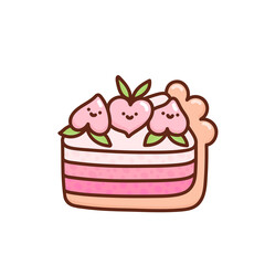 Delicious slice of cake decorated with peaches isolated on white background. Tasty dessert, confection or sweet pastry. Kawaii cartoon vector illustration.