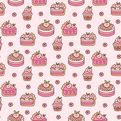 Cute seamless pattern with peach cakes and flowers, with white dots, on a pink background. Sweet beautiful background. Print design for stationery supplies, kitchen decor, textile, packaging etc.