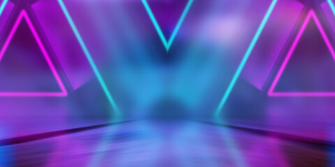 Neon abstract light rays on a dark background. Light effect, laser show, surface reflection. Ultraviolet radiation, nightclub. 3d illustration