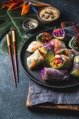 Spring rolls with vegetables and shrimps. Vietnamese dish