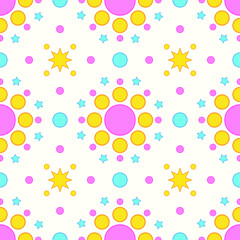 Seamless pink and yellow dot blue star pattern on white background