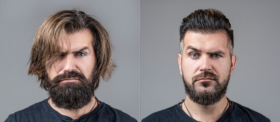 Collage man before and after visiting barbershop, different haircut, mustache, beard. Male beauty, comparison. Shaving, hairstyling. Beard, shave before, after. Long beard. Hair style - obrazy, fototapety, plakaty