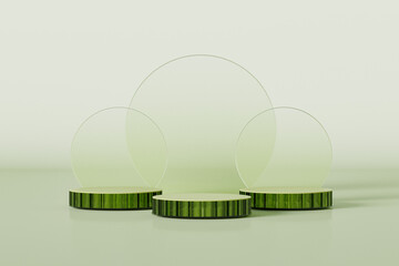 Minimal abstract cosmetic background for product presentation. Clear acrylic podium with Sun shade on greenery and natural green background .  Geometry shape. 3D render