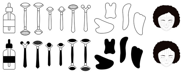 Collection of outline and simple vector icons of gua sha and jade roller tool for facial massage with oil and massage directions on a face.