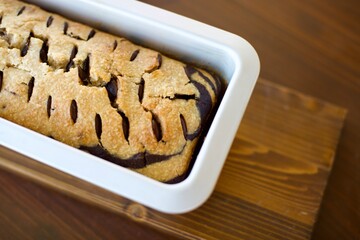 home made mosaic cake with cocoa and chocolate fresh from the oven. Blurry view