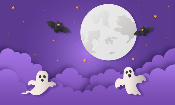 happy halloween party with ghosts and bat paper art style on purple background. vector illustration.
