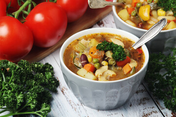 Bowls with Italian soup minestrone