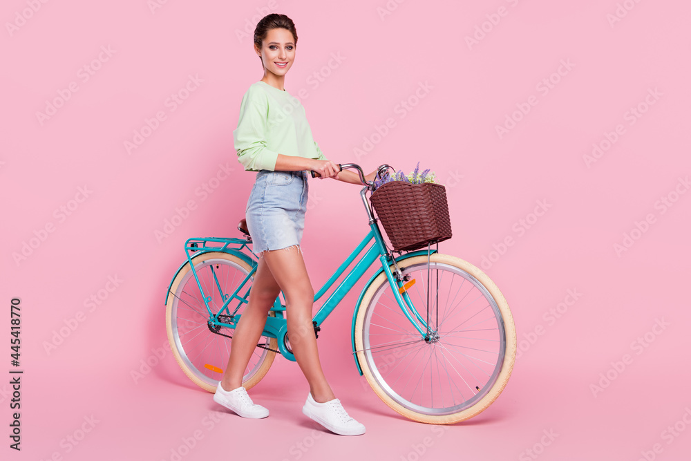 Sticker Full size profile side photo of young girl happy positive smile go walk rider bicycle isolated over pastel color background