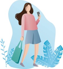 woman vector flat design with bag and leaves background