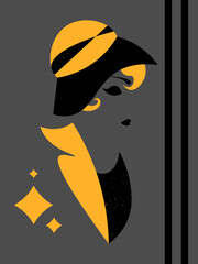 1920s minimal woman in black and yellow hat - obrazy, fototapety, plakaty
