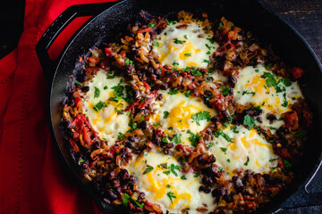 Mexican Baked Eggs in a Cast Iron Skillet: Baked eggs, black beans, and tomatoes served in a cast...