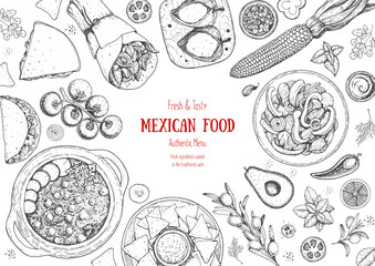 Mexican food top view frame. A set of classic mexican dishes . Food menu design template. Vintage hand drawn sketch, vector illustration. Mexican cuisine.