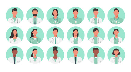 Fototapeta na wymiar People portraits of faceless males, females doctor and nurse, men and women face avatars isolated at round icons set, vector flat illustration