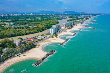 Fototapeta premium Aerial view of PMY Beach in Rayong, Thailand
