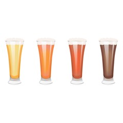 Set with craft beer in pilsner glasses for banners, flyers, posters, cards. Light and dark beer, ale, and lager. International Beer Day. Beer day. Vector illustration isolated on white background.