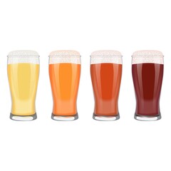 Set with craft beer in weizen glasses for banners, flyers, posters, cards. Light and dark beer, ale, and lager. International Beer Day. Beer day. Vector illustration isolated on white background.