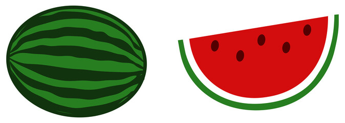 Simple red watermelon icon - whole and slice version