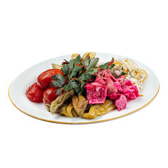 Isolated russian pickled fermented vegetables platter with sauerkraut