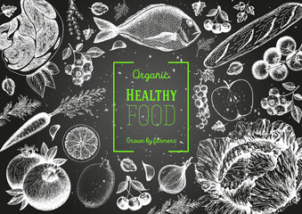 Healthy food frame vector illustration. Vegetables, fruits, meat hand drawn. Organic food set.