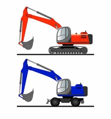 A set of vector images of a bucket excavator on crawler and wheeled chassis.