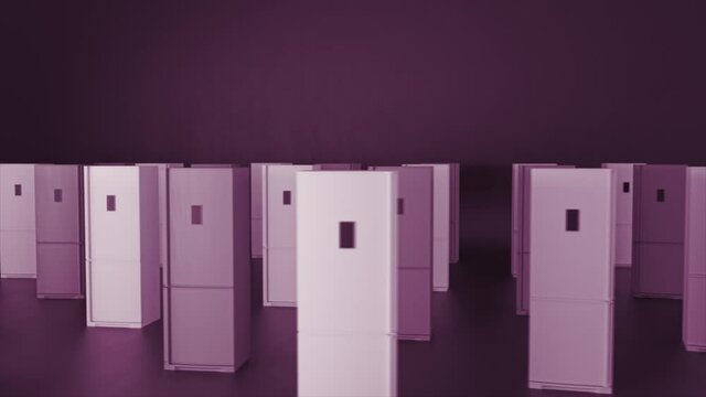 Abstract 3d models of a modern refrigerator with electronic panel rotating on dark purple black background. Animation. 3D layout of kitchen equipment, rows of fridges.
