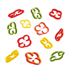 Multicolored slices of bell pepper on a white background.