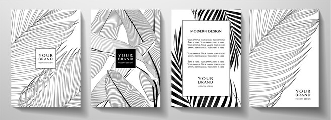 Tropical black and white cover design set. Floral background with line pattern of exotic leaf (palm, banana tree). Elegant vector collection for wedding invite, brochure template, restaurant menu - obrazy, fototapety, plakaty