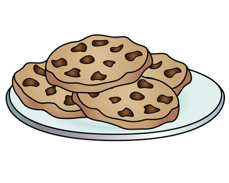 Sweets. Chocolate chip cookies on a plate - vector linear full color picture. Chocolate chip cookies on a saucer. Sweet pastries for dessert.