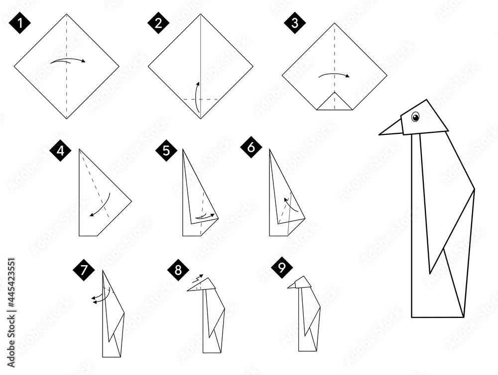 Poster Step by step how to make origami penguin bird . Vector monochrome instructions illustration. Black and white paper DIY.