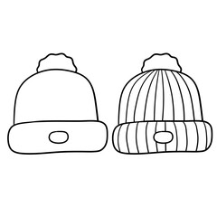 Set Of Knitted Hat. Hand-drawn sketch illustration. Winter clothing for the head.
