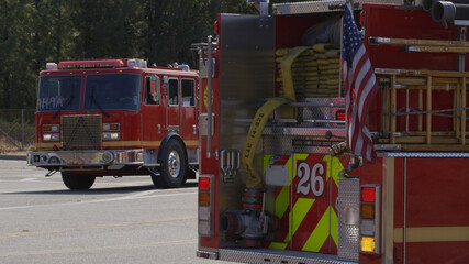 Saddleranch Fire Blaze California Wildfire Los Angeles Firemen, Fire trucks and Sheriff Police Cars

