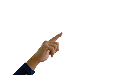 Man pointing hand on a white background.