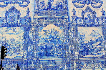 Portuguese blue tiles at the exterior walls of Santa Catarina church in Porto historic center, a UNESCO World Heritage Site