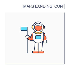 Astronaut color icon. Spaceman keeps flag. Visit note. Planet research. Mars landing concept. Isolated vector illustration