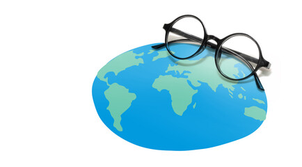 Looking for a Better World for our kid oncept, Round shape eyeglasses with light green world map on white background