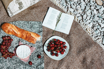 Summer romantic rustic picnic on the plaid. French style. Baguette, cherries, cheese, open book from above. Vacation, rest in Europe.