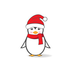 Cute little Christmas penguin in a hat, looks happy. Editable vector illustration.