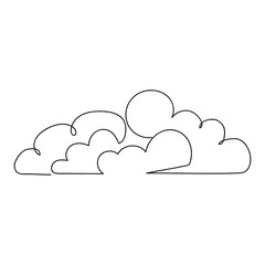Sun behind the clouds in the sky drawn in one line. Sketch. Modern art weather. Vector illustration.